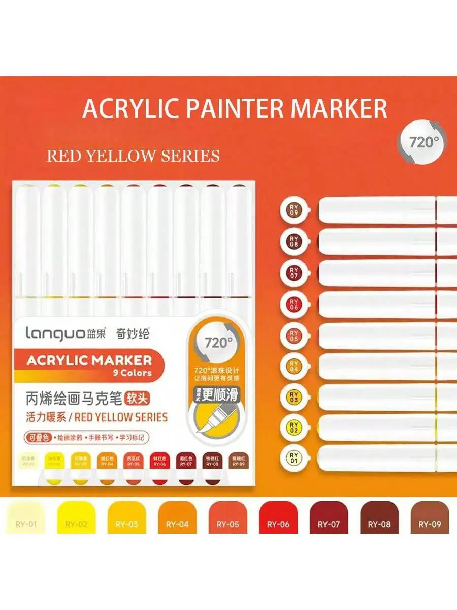 Languo 9-Piece Soft Brush Acrylic Marker Pen Set – DIY Art Markers for Hand Drawing, Painting, and Graffiti (M720)