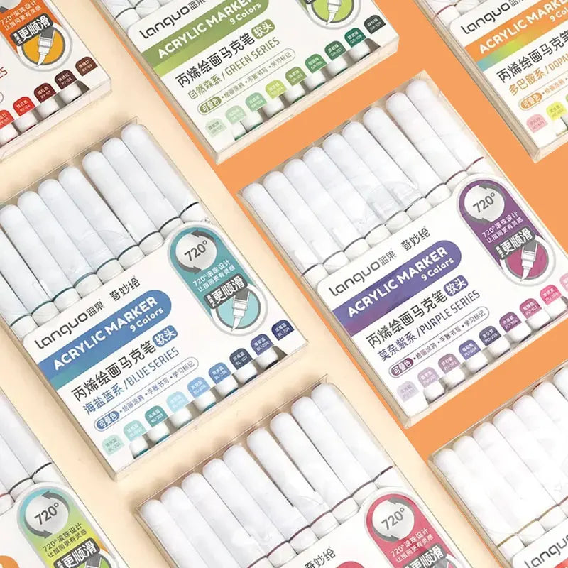 Languo 9-Piece Soft Brush Acrylic Marker Pen Set – DIY Art Markers for Hand Drawing, Painting, and Graffiti (M720)