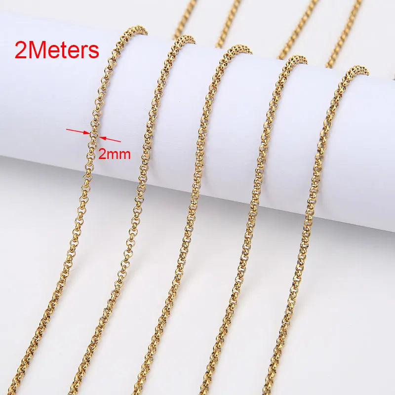 2m Stainless Steel Chains – Gold Color Ball Bead & Cuban Link Chain Bulk for DIY Necklace and Bracelet Making