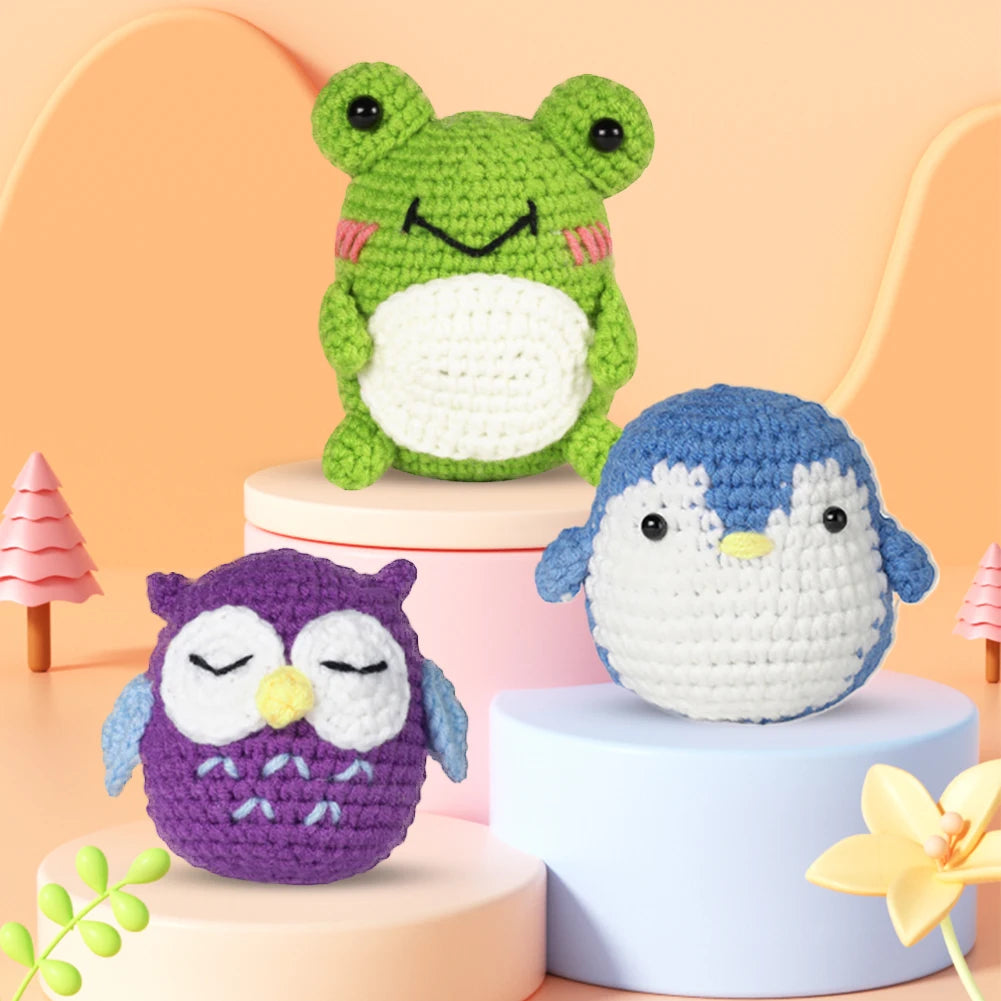 3PCS Beginner Crochet Kit – Frog, Owl, Penguin DIY Animal Set with Tutorials