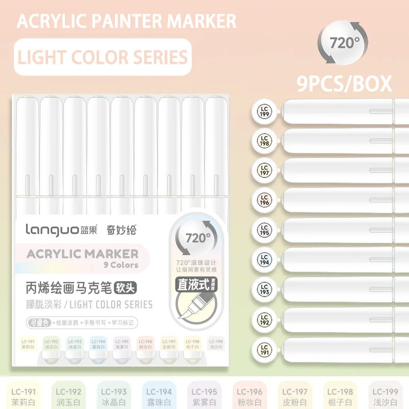 Languo 9-Piece Soft Brush Acrylic Marker Pen Set – DIY Art Markers for Hand Drawing, Painting, and Graffiti (M720)