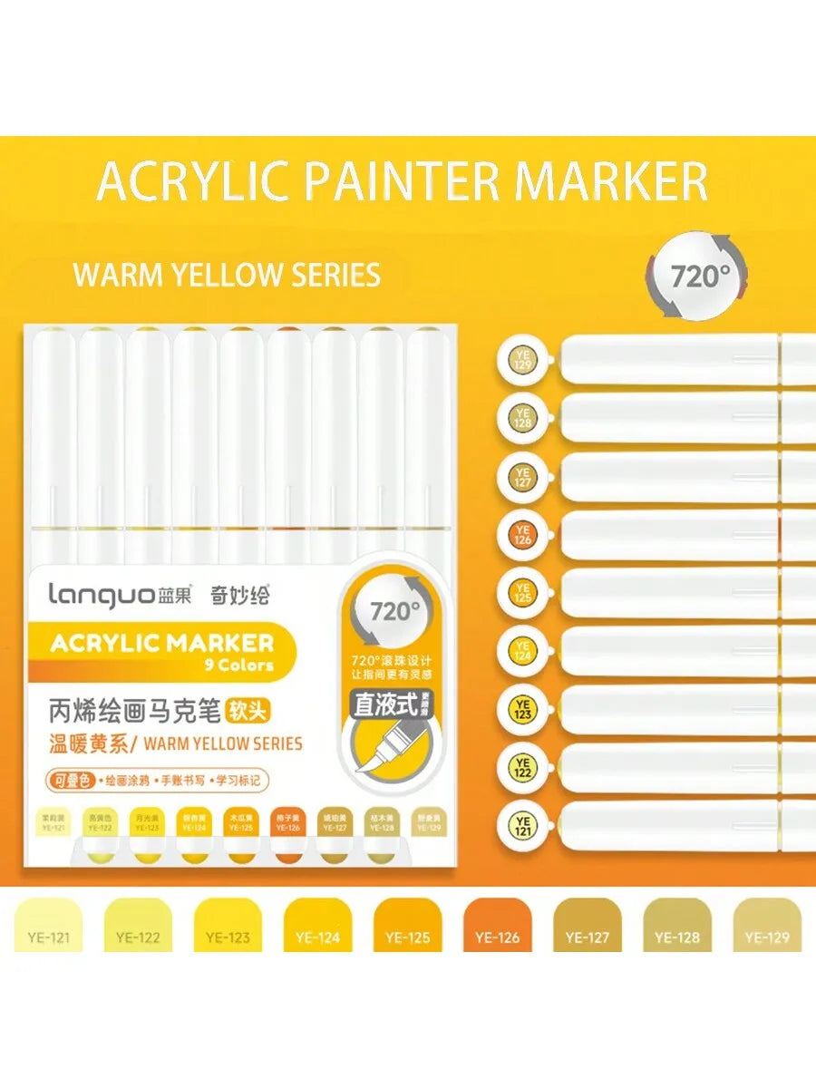 Languo 9-Piece Soft Brush Acrylic Marker Pen Set – DIY Art Markers for Hand Drawing, Painting, and Graffiti (M720)