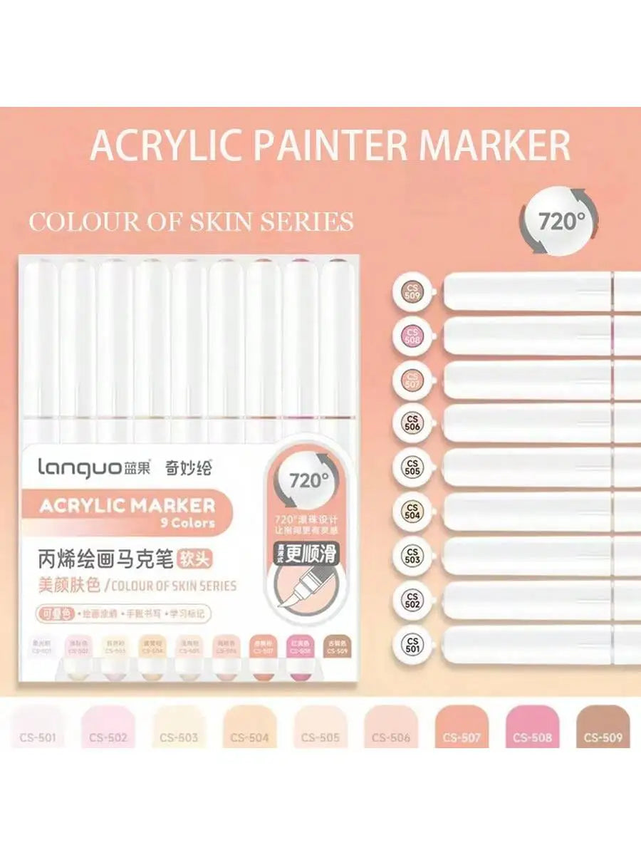 Languo 9-Piece Soft Brush Acrylic Marker Pen Set – DIY Art Markers for Hand Drawing, Painting, and Graffiti (M720)