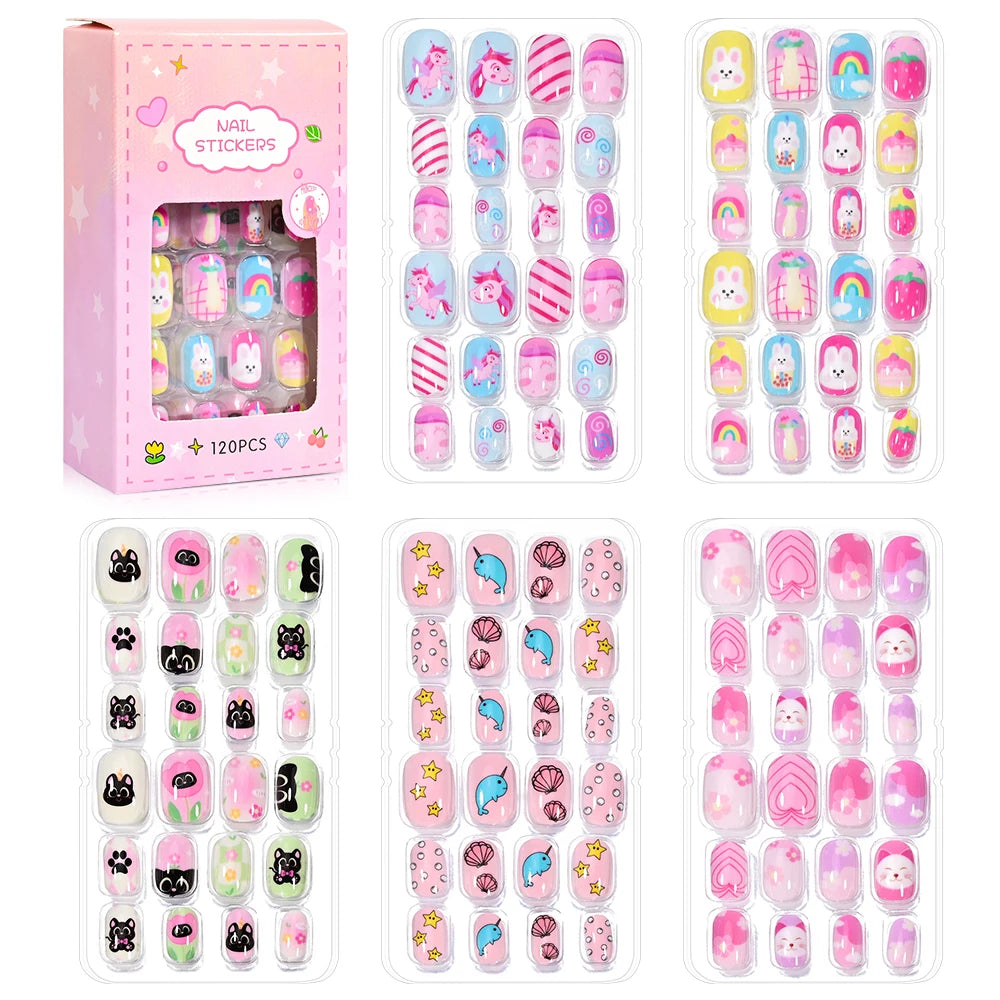 120-Piece Cartoon Princess Press-On Nails for Girls – Kawaii Cat, Flower & Rainbow Nail Tips with Jelly Gel (Ages 6–14)