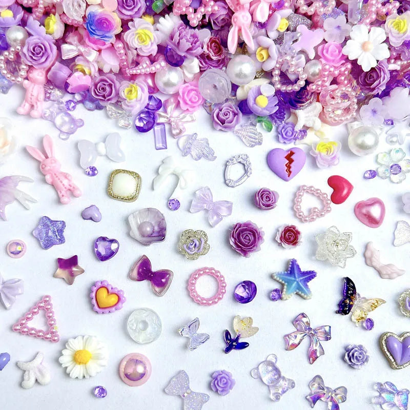 50-Piece Mixed Resin Nail Charms – Bow, Heart, Flower, Star, Cookie & Fruit Decorations for DIY Nail Art