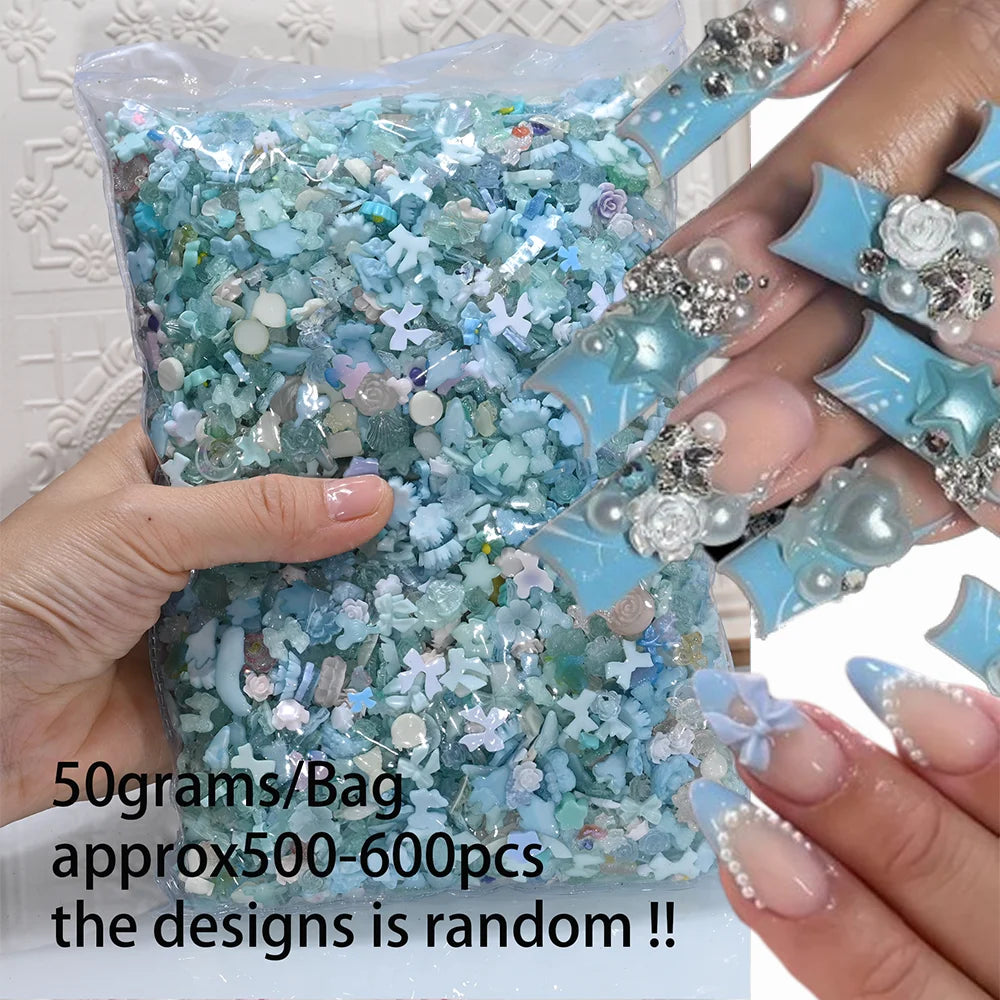 50g Blue Mixed Nail Art Charms – 500–600pcs Resin Bow, Flower & Camellia Decorations for DIY Manicure Accessories