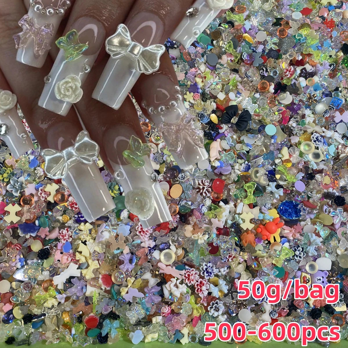 500–600pcs Mixed Resin Nail Art Charms – Y2K Flower, Heart, and Bear Decorations for DIY Manicure Accessories