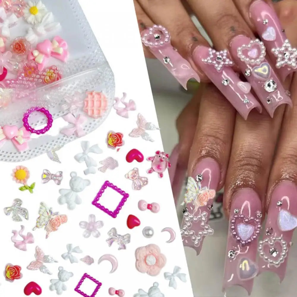 50-Piece Mixed Resin Nail Charms – Bow, Heart, Flower, Star, Cookie & Fruit Decorations for DIY Nail Art
