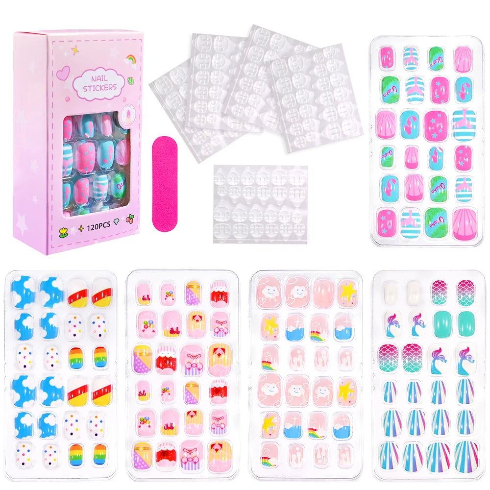 120-Piece Cartoon Princess Press-On Nails for Girls – Kawaii Cat, Flower & Rainbow Nail Tips with Jelly Gel (Ages 6–14)
