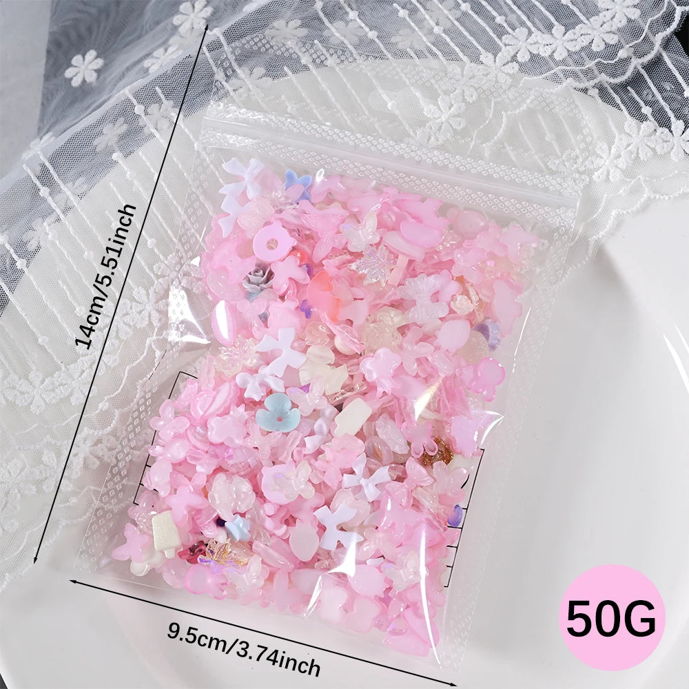 50g Blue Mixed Nail Art Charms – 500–600pcs Resin Bow, Flower & Camellia Decorations for DIY Manicure Accessories