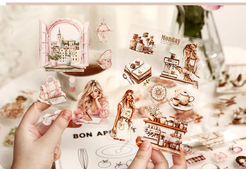 JIANQI 20 Sheets PET Die-Cut Stickers Set – Scrapbooking & Diary Craft Supplies