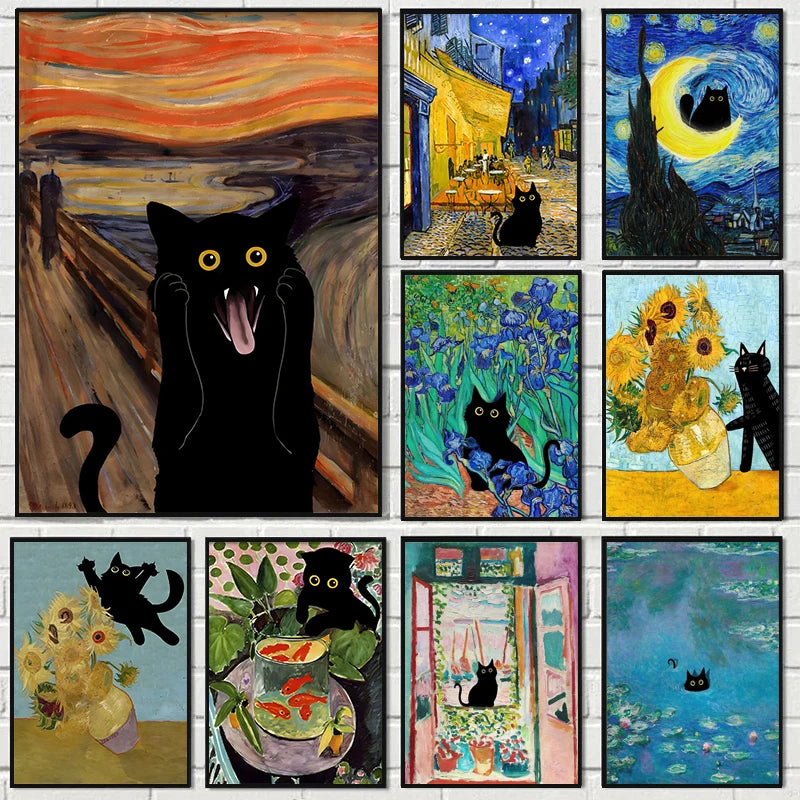 Funny Black Cat Art Prints – Matisse, Monet, Van Gogh Parody Canvas Posters – Whimsical Wall Decor for Living Room or Gallery Wall