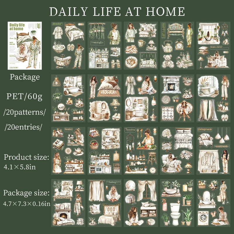 JIANQI 20 Sheets PET Die-Cut Stickers Set – Scrapbooking & Diary Craft Supplies