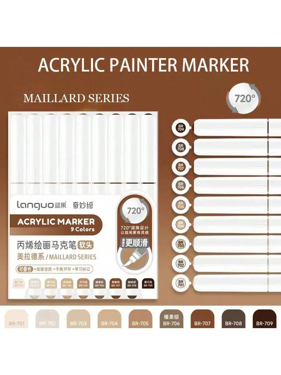 Languo 9-Piece Soft Brush Acrylic Marker Pen Set – DIY Art Markers for Hand Drawing, Painting, and Graffiti (M720)