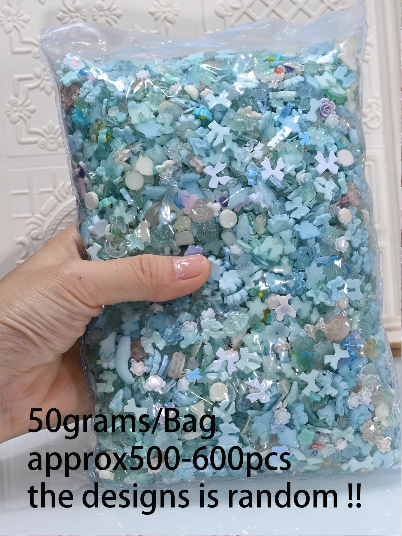 50g Blue Mixed Nail Art Charms – 500–600pcs Resin Bow, Flower & Camellia Decorations for DIY Manicure Accessories