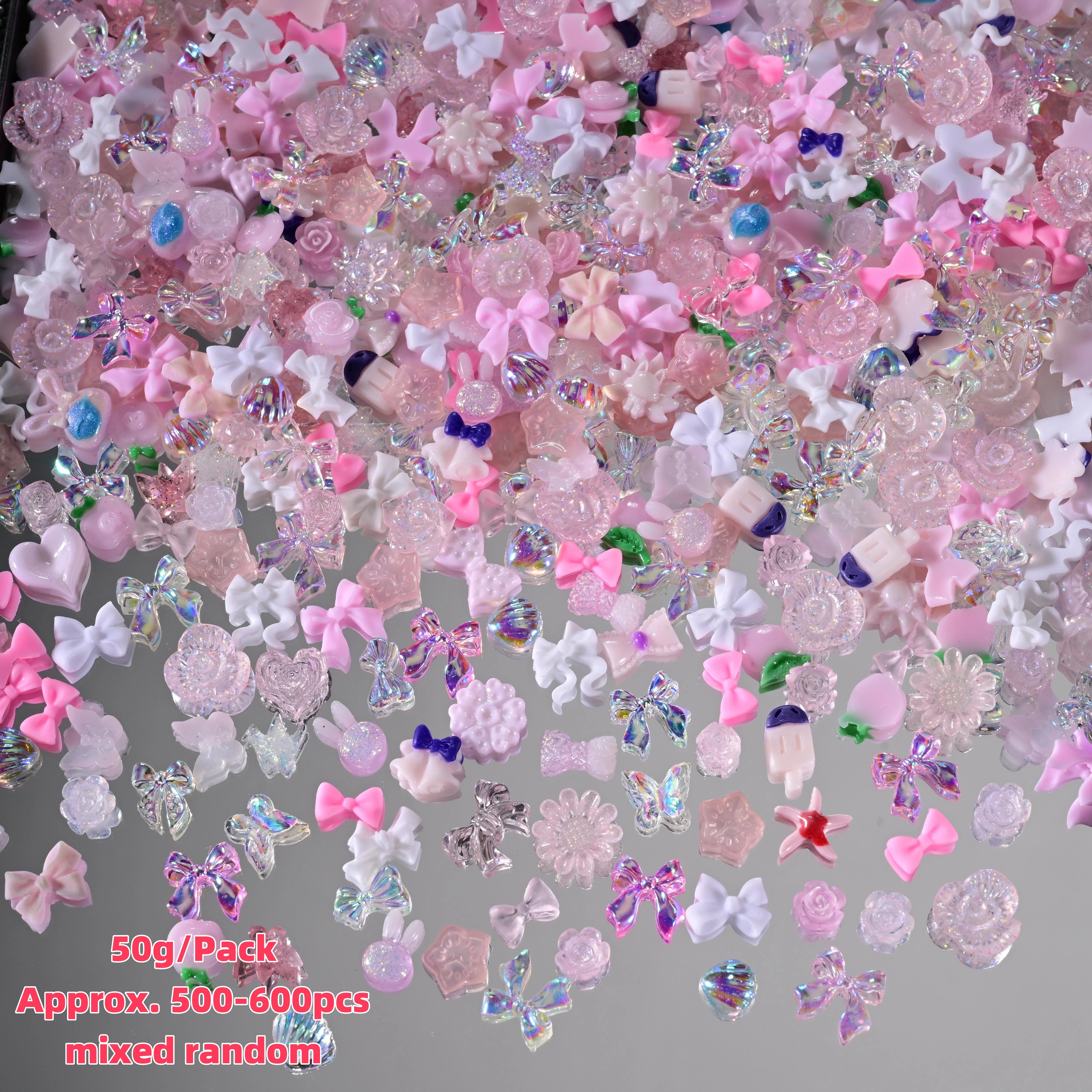 500–600pcs Mixed Resin Nail Art Charms – Y2K Flower, Heart, and Bear Decorations for DIY Manicure Accessories
