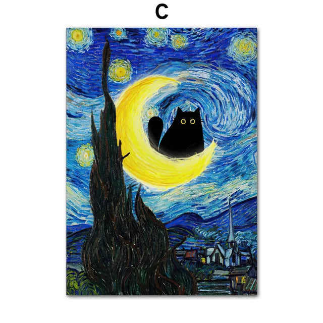 Funny Black Cat Art Prints – Matisse, Monet, Van Gogh Parody Canvas Posters – Whimsical Wall Decor for Living Room or Gallery Wall