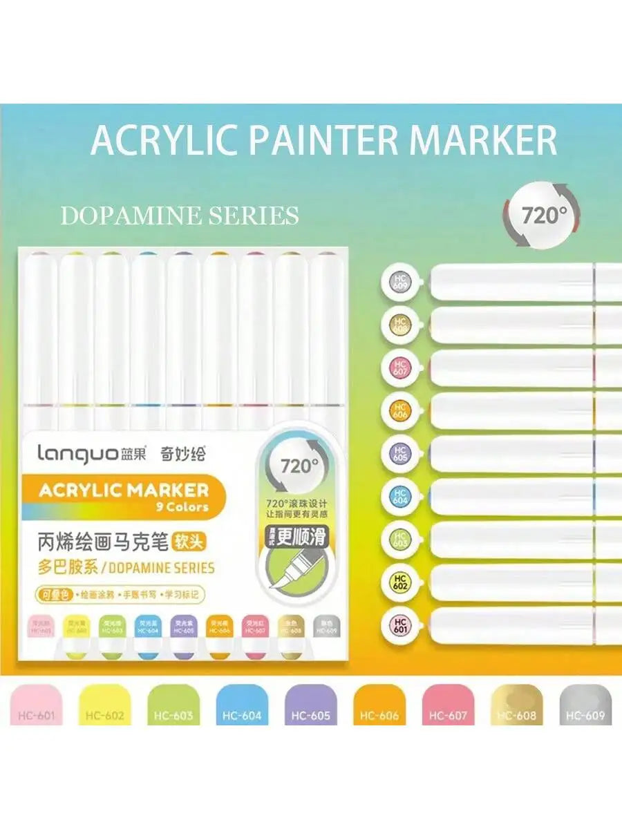 Languo 9-Piece Soft Brush Acrylic Marker Pen Set – DIY Art Markers for Hand Drawing, Painting, and Graffiti (M720)