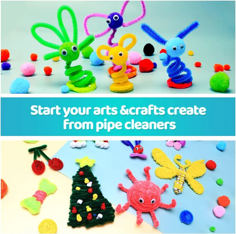 300pcs Kids Art & Craft Supplies Set – Pipe Cleaners, Pompoms & Self-Adhesive Wiggle Eyes – DIY Activities, Classroom Projects & Party Crafts