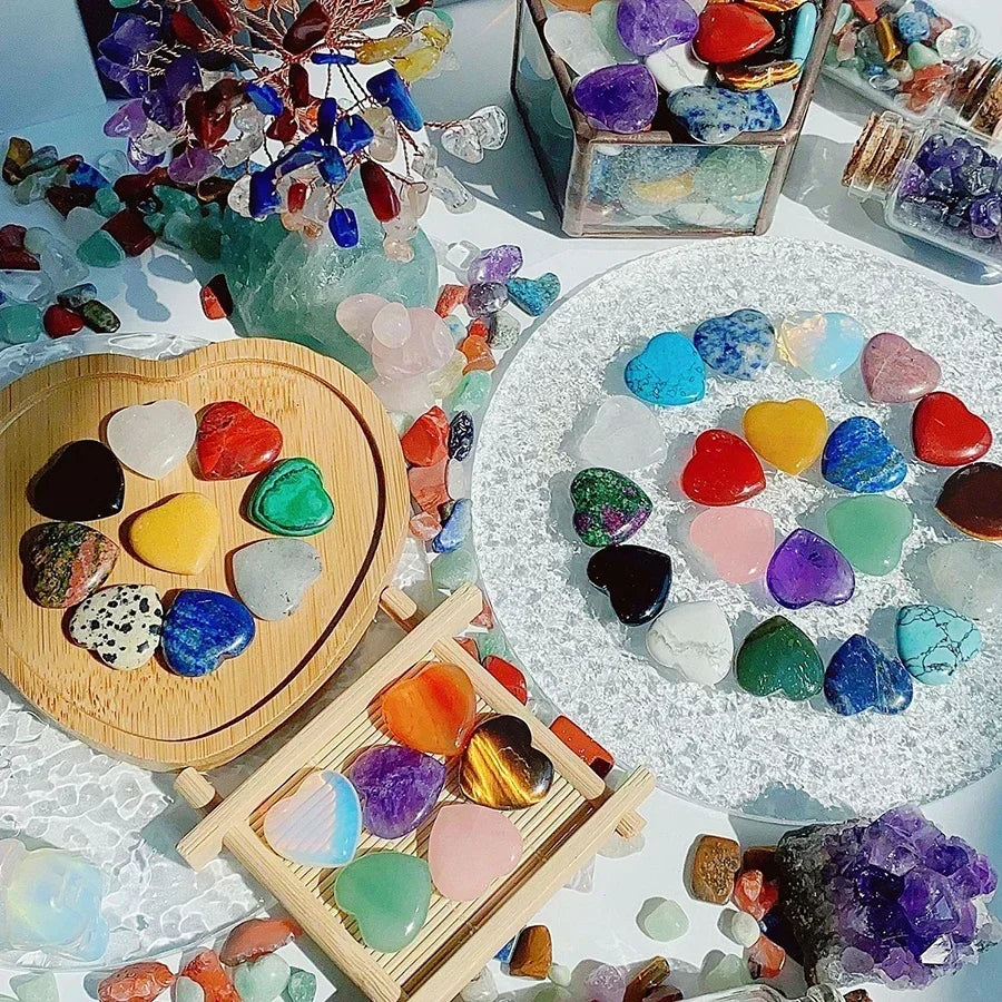 10/20/30PCS Heart Shape Natural Crystal Stones – Amethyst, Agate, Mineral Healing Specimens