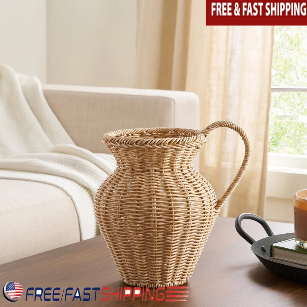 9-Inch Faux Wood Rattan Pitcher Vase – Decorative Woven Design for Dried Flowers or Plants – Rustic Home Decor Accent