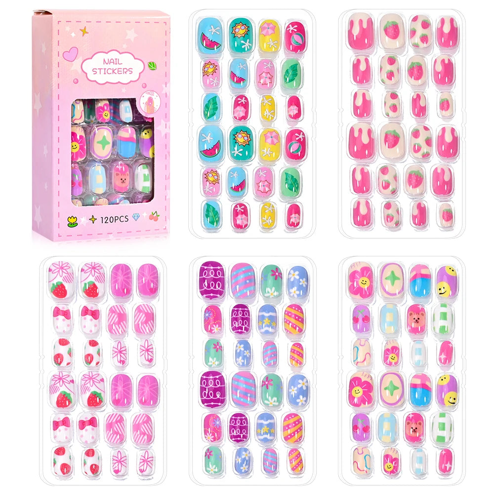 120-Piece Cartoon Princess Press-On Nails for Girls – Kawaii Cat, Flower & Rainbow Nail Tips with Jelly Gel (Ages 6–14)