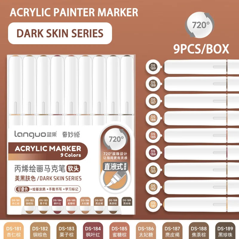 Languo 9-Piece Soft Brush Acrylic Marker Pen Set – DIY Art Markers for Hand Drawing, Painting, and Graffiti (M720)