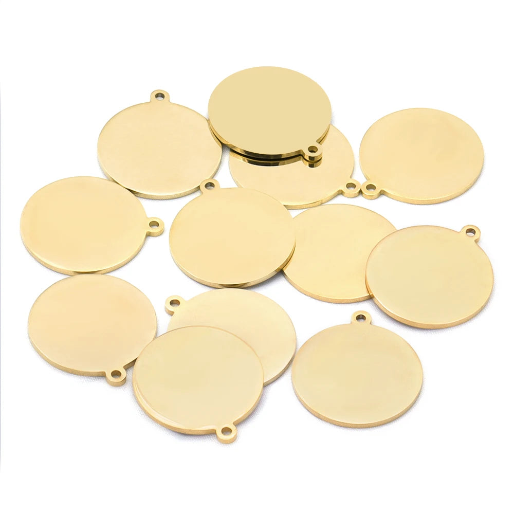 10-Piece Real Gold Plated Stainless Steel Round Disc Charms – Blank Pendants for Stamping, Logos, and Jewelry Making
