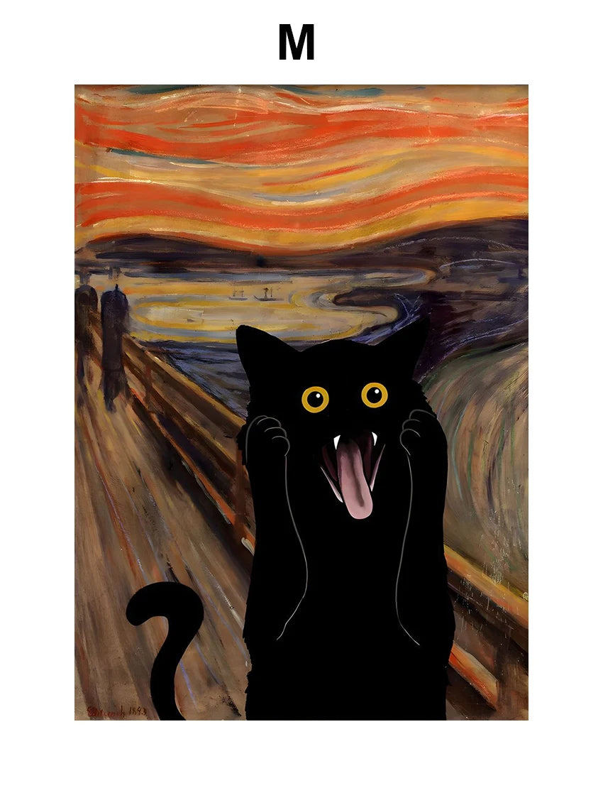 Funny Black Cat Art Prints – Matisse, Monet, Van Gogh Parody Canvas Posters – Whimsical Wall Decor for Living Room or Gallery Wall