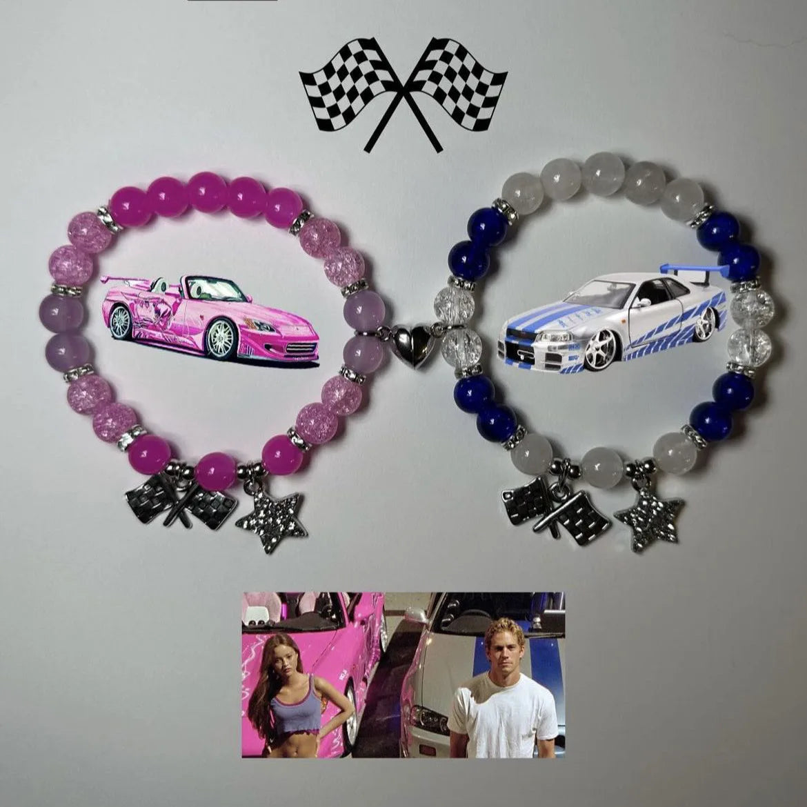 2-Piece Fast & Furious Matching Bracelets – Couple Beaded Bracelets with Bat and Race Car Victory Banner Charms