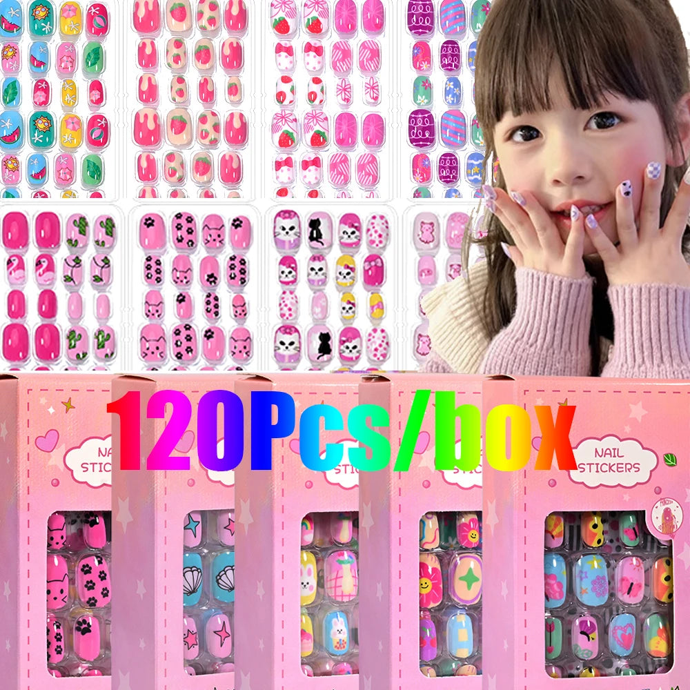 120-Piece Cartoon Princess Press-On Nails for Girls – Kawaii Cat, Flower & Rainbow Nail Tips with Jelly Gel (Ages 6–14)