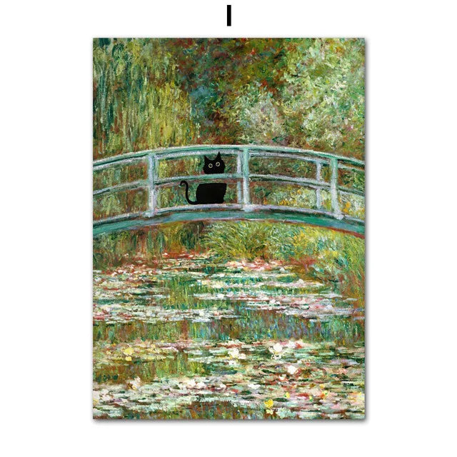 Funny Black Cat Art Prints – Matisse, Monet, Van Gogh Parody Canvas Posters – Whimsical Wall Decor for Living Room or Gallery Wall