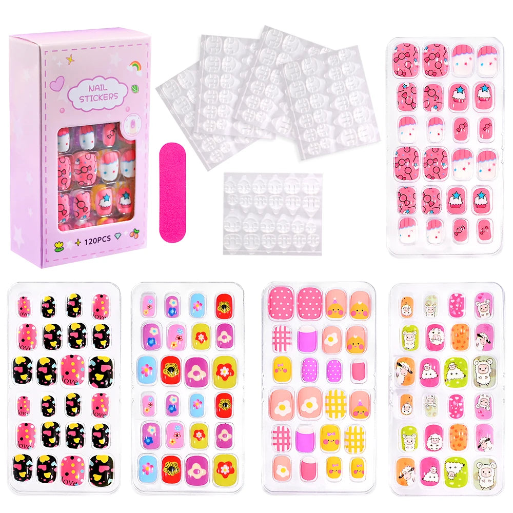 120-Piece Cartoon Princess Press-On Nails for Girls – Kawaii Cat, Flower & Rainbow Nail Tips with Jelly Gel (Ages 6–14)
