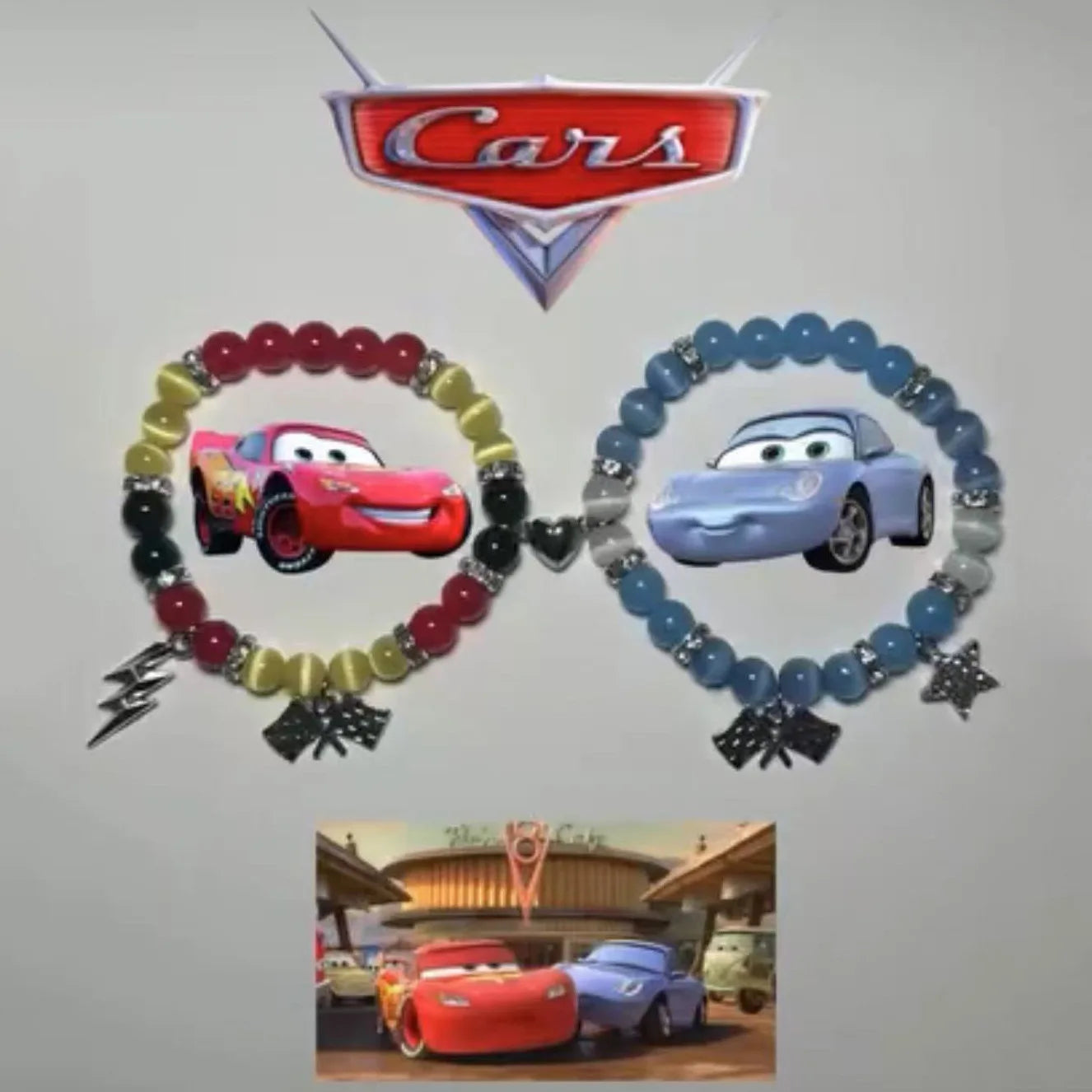 2-Piece Fast & Furious Matching Bracelets – Couple Beaded Bracelets with Bat and Race Car Victory Banner Charms