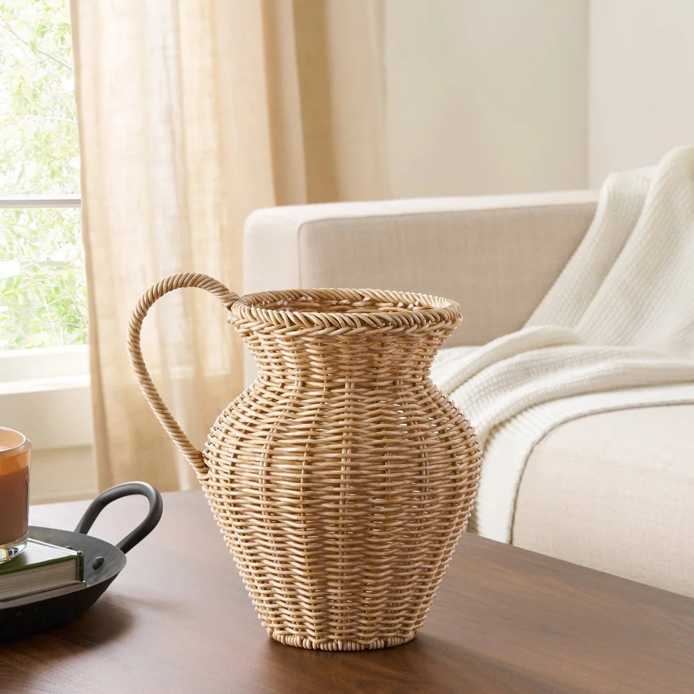 9-Inch Faux Wood Rattan Pitcher Vase – Decorative Woven Design for Dried Flowers or Plants – Rustic Home Decor Accent