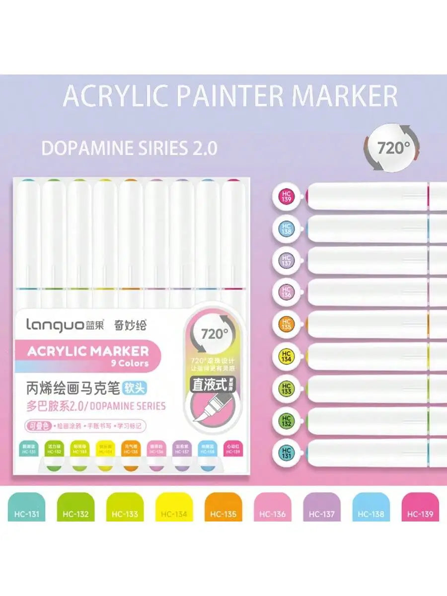 Languo 9-Piece Soft Brush Acrylic Marker Pen Set – DIY Art Markers for Hand Drawing, Painting, and Graffiti (M720)