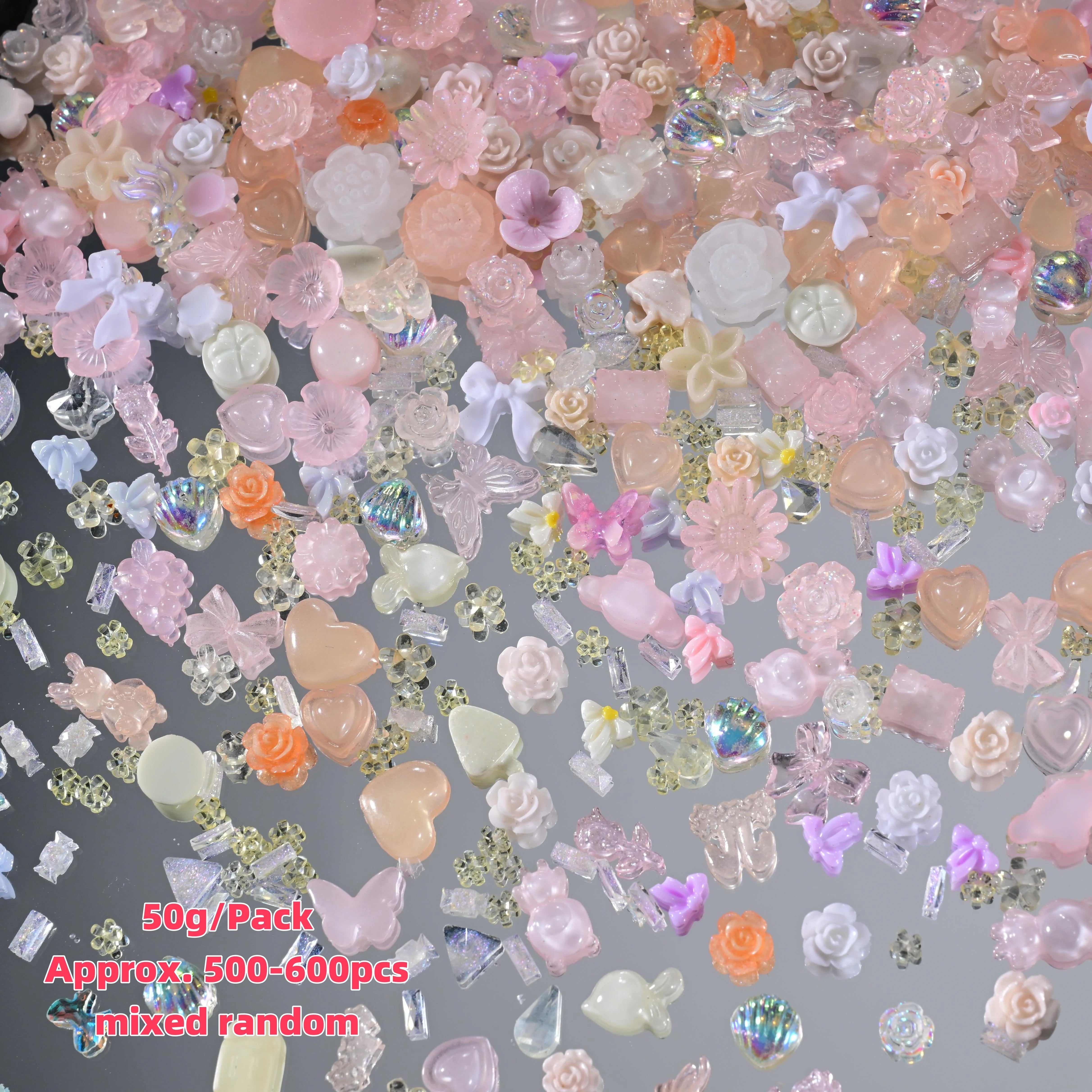 500–600pcs Mixed Resin Nail Art Charms – Y2K Flower, Heart, and Bear Decorations for DIY Manicure Accessories