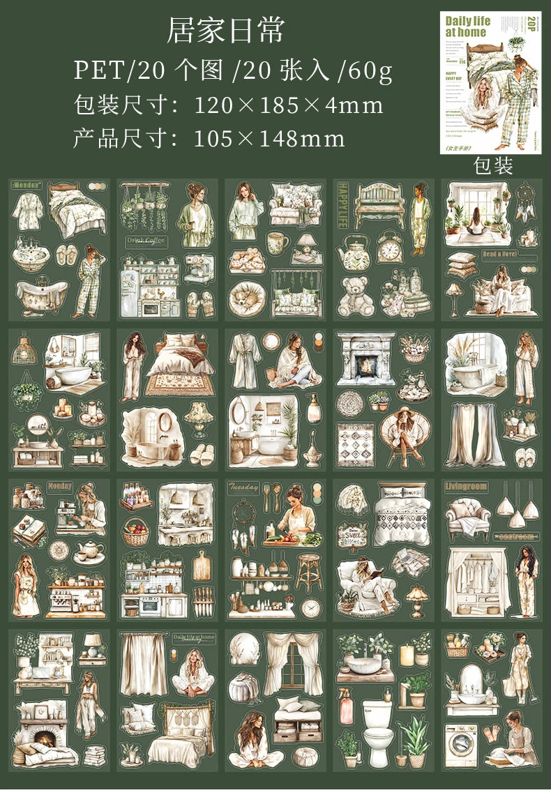 JIANQI 20 Sheets PET Die-Cut Stickers Set – Scrapbooking & Diary Craft Supplies