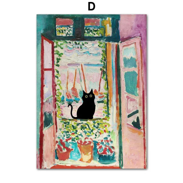 Funny Black Cat Art Prints – Matisse, Monet, Van Gogh Parody Canvas Posters – Whimsical Wall Decor for Living Room or Gallery Wall