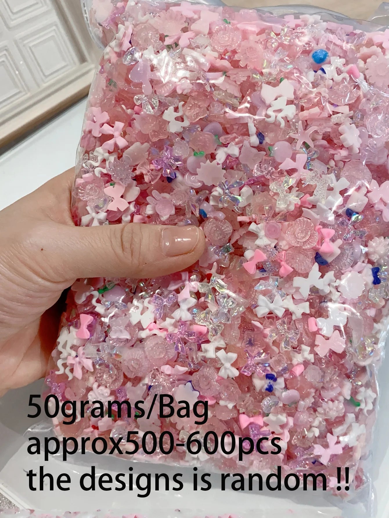 50g Blue Mixed Nail Art Charms – 500–600pcs Resin Bow, Flower & Camellia Decorations for DIY Manicure Accessories