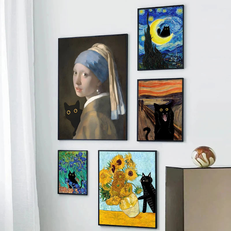 Funny Black Cat Art Prints – Matisse, Monet, Van Gogh Parody Canvas Posters – Whimsical Wall Decor for Living Room or Gallery Wall
