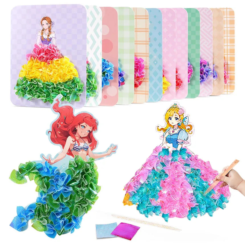 3pcs Princess Poking Art Craft Kit – DIY Sticker Fabric Cards for Kids – Creative Puzzle Painting and Dressing Game Toy
