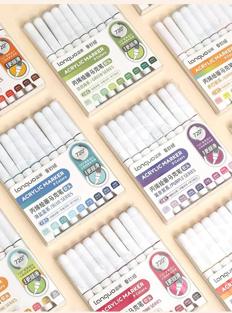 Languo 9-Piece Soft Brush Acrylic Marker Pen Set – DIY Art Markers for Hand Drawing, Painting, and Graffiti (M720)