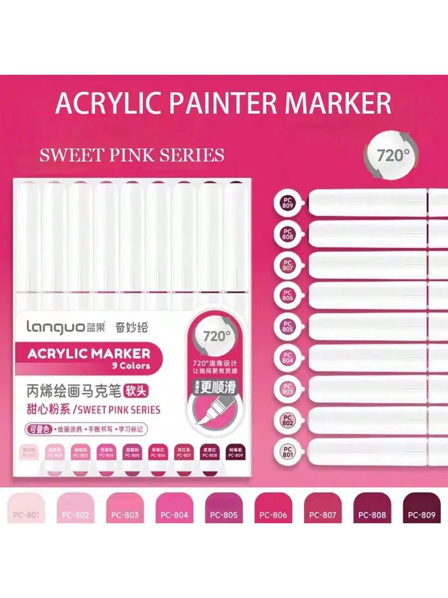 Languo 9-Piece Soft Brush Acrylic Marker Pen Set – DIY Art Markers for Hand Drawing, Painting, and Graffiti (M720)