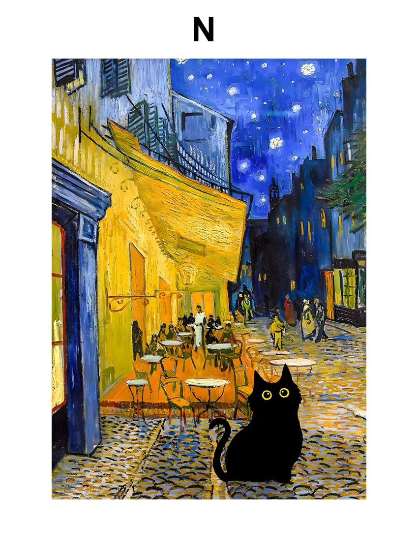 Funny Black Cat Art Prints – Matisse, Monet, Van Gogh Parody Canvas Posters – Whimsical Wall Decor for Living Room or Gallery Wall