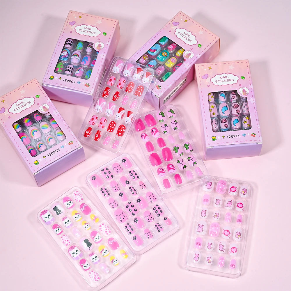 120-Piece Cartoon Princess Press-On Nails for Girls – Kawaii Cat, Flower & Rainbow Nail Tips with Jelly Gel (Ages 6–14)