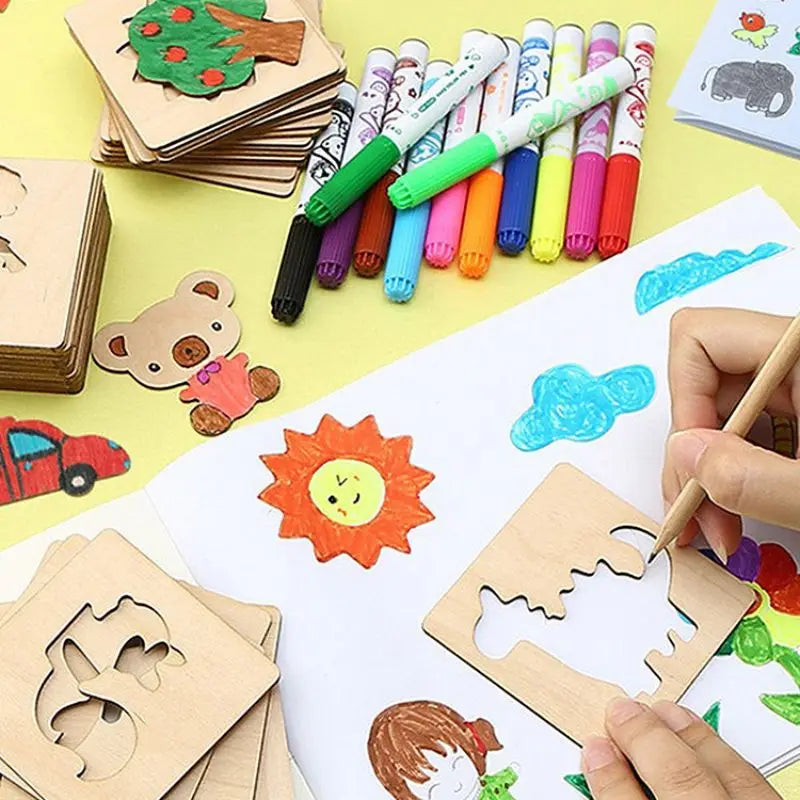 42pcs Wooden DIY Drawing Template Set with Markers – Children’s Drawing Tools & Stencils for Kids Arts and Crafts