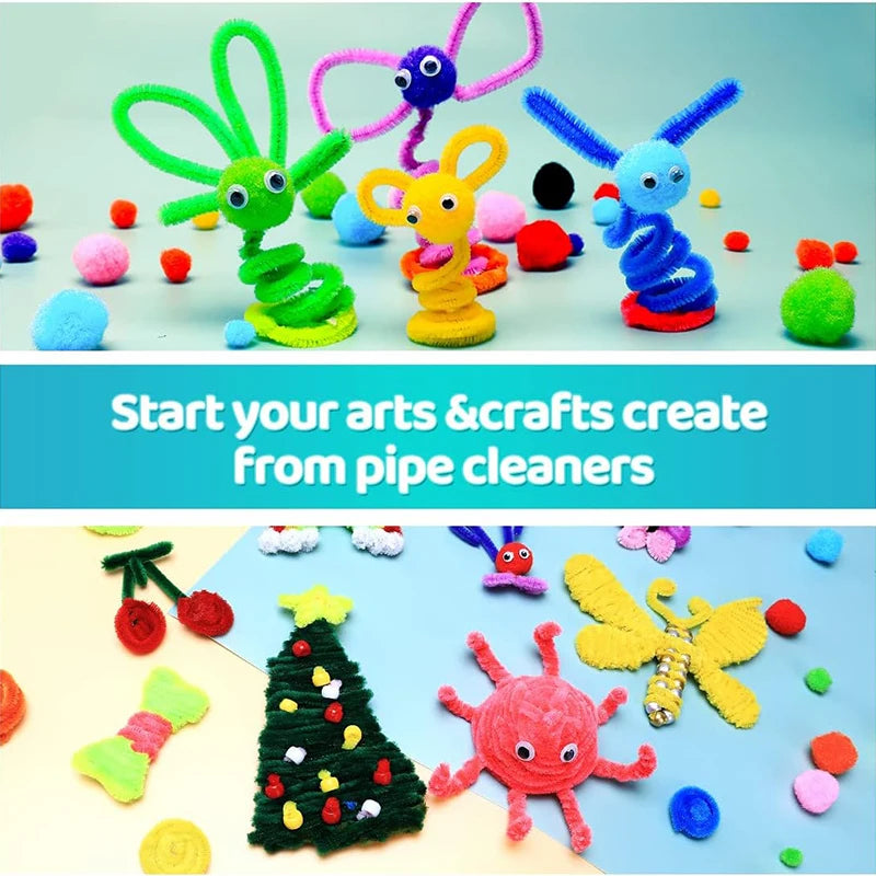 300pcs Kids Art & Craft Supplies Set – Pipe Cleaners, Pompoms & Self-Adhesive Wiggle Eyes – DIY Activities, Classroom Projects & Party Crafts