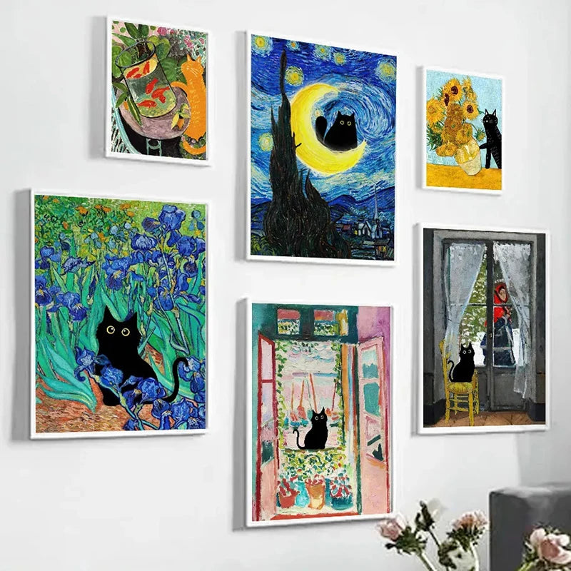 Funny Black Cat Art Prints – Matisse, Monet, Van Gogh Parody Canvas Posters – Whimsical Wall Decor for Living Room or Gallery Wall