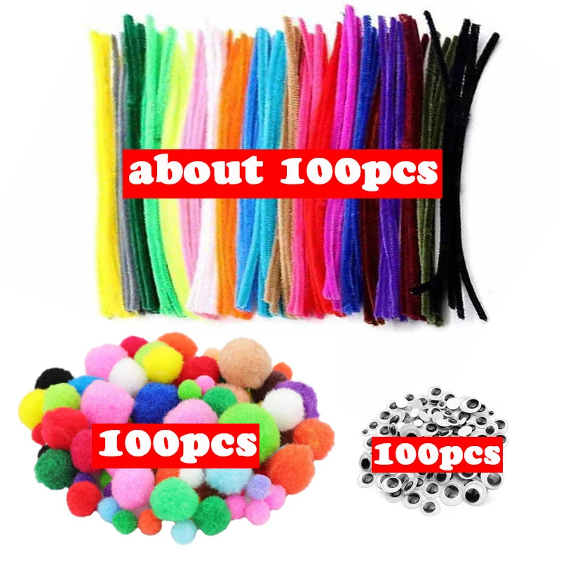 300pcs Kids Art & Craft Supplies Set – Pipe Cleaners, Pompoms & Self-Adhesive Wiggle Eyes – DIY Activities, Classroom Projects & Party Crafts